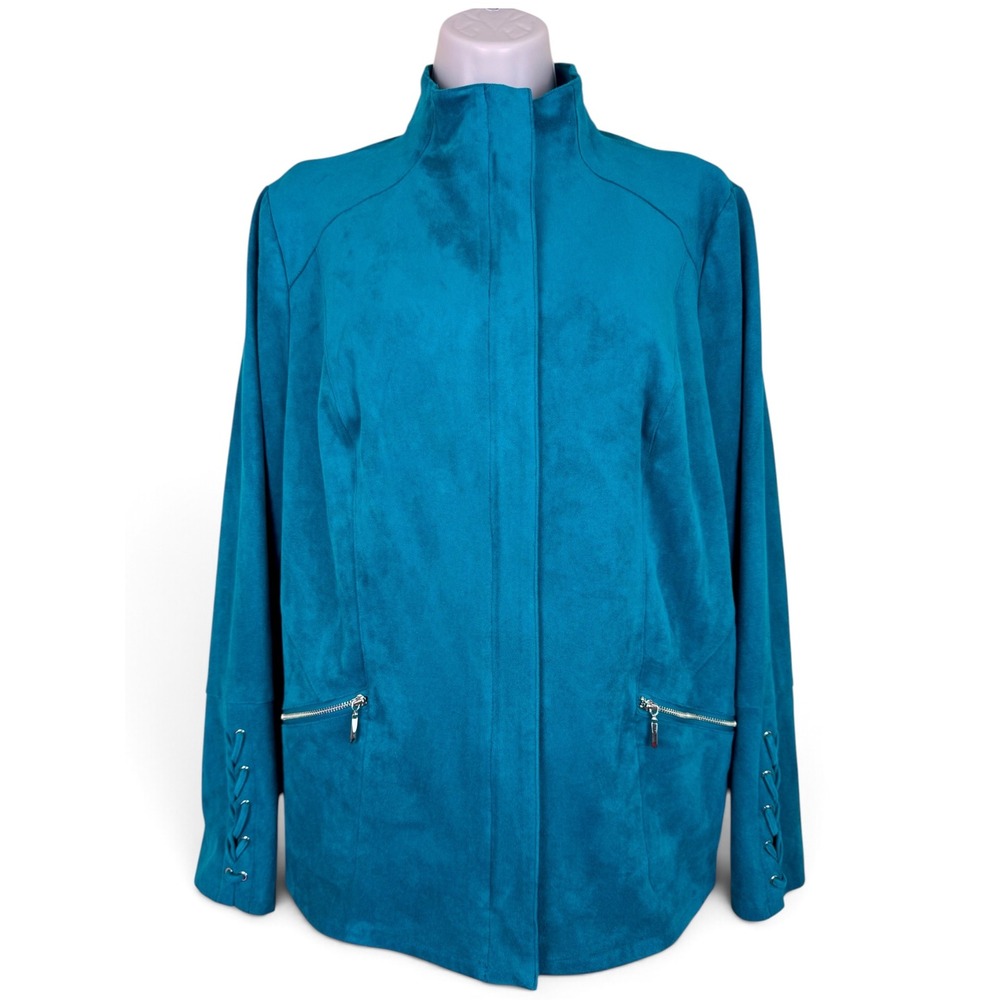 Chico's Size 2 / Large Teal Faux Suede Lace Up Cuff Zip Jacket